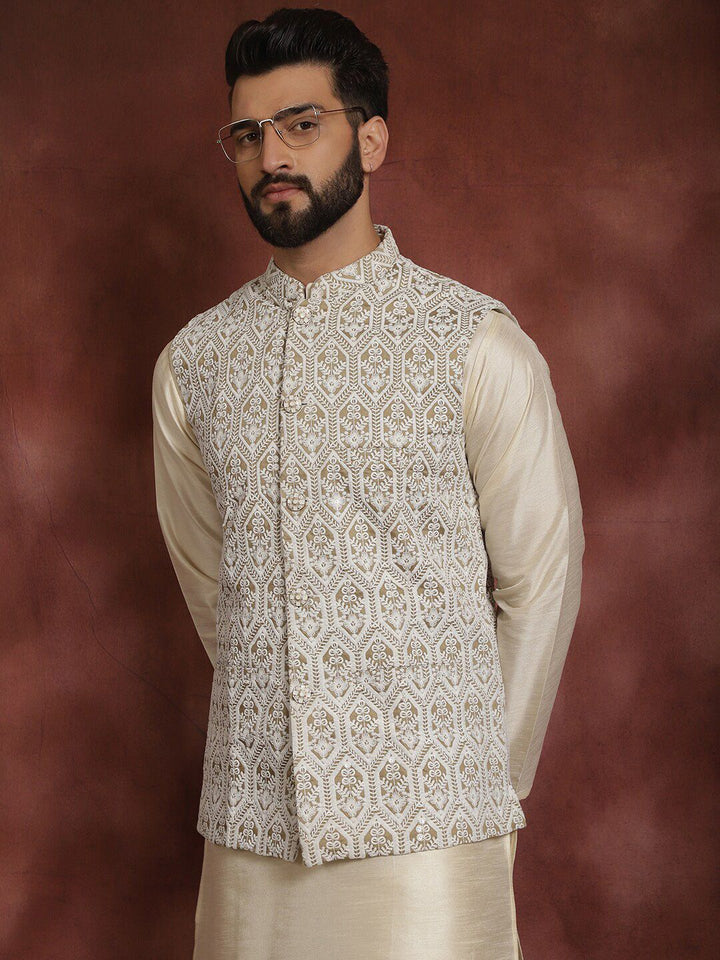 Anouk Men Geometric Embroidered Thread Work Straight Kurta With Churidar & Nehru Jacket