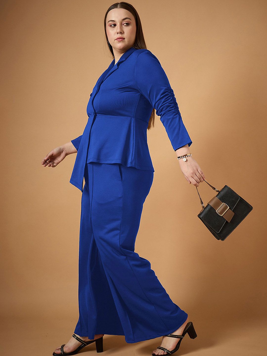 SASSAFRAS Curve Plus Size Lapel Collar Ruched Blazer With Trouser