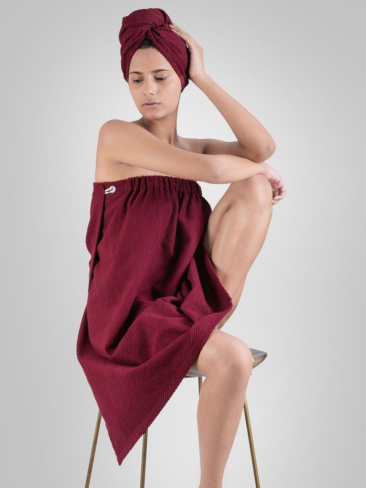 MYTRIDENT Maroon Cotton Bath Robe With HeadWrap
