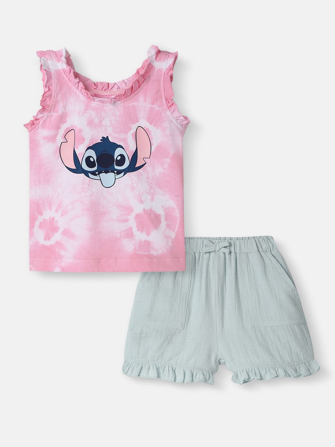 Nauti Nati Girls Dyed Round Neck Pure Cotton Top With Shorts