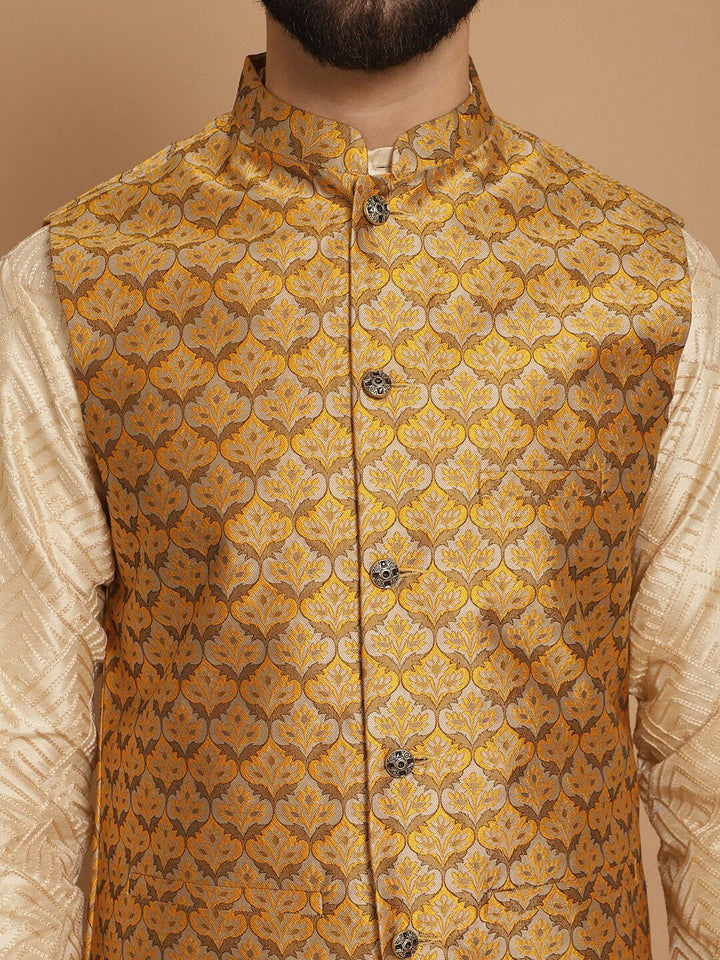 Anouk Men Geometric Embroidered Thread Work Straight Kurta With Churidar & Nehru Jacket