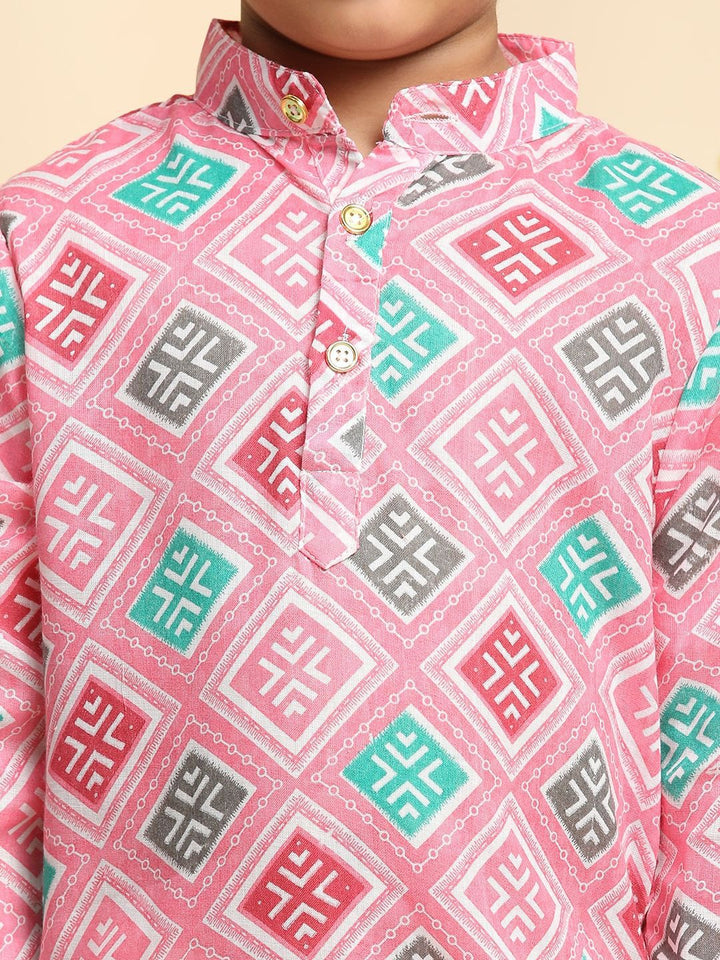 Cutiekins Boys Geometric Printed Band Collar Straight Kurta With Trousers