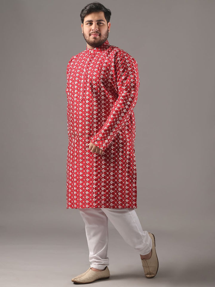 SOJANYA PLUS Plus Size Lelaki Kolar Jalur Sulam Bunga Kurta Lurus Dan Piyama
