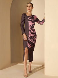 Antheaa Printed Puff Sleeve Sheath Midi Dress