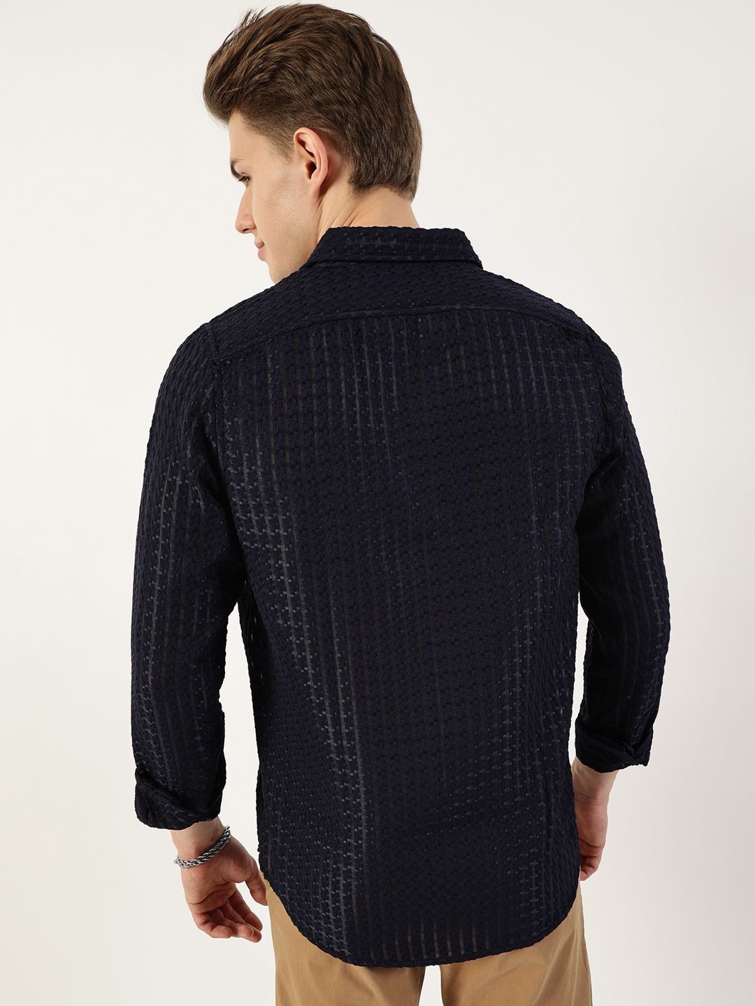 Thomas Scott Men Premium Spread Collar Textured Solid Slim Fit Casual Shirt