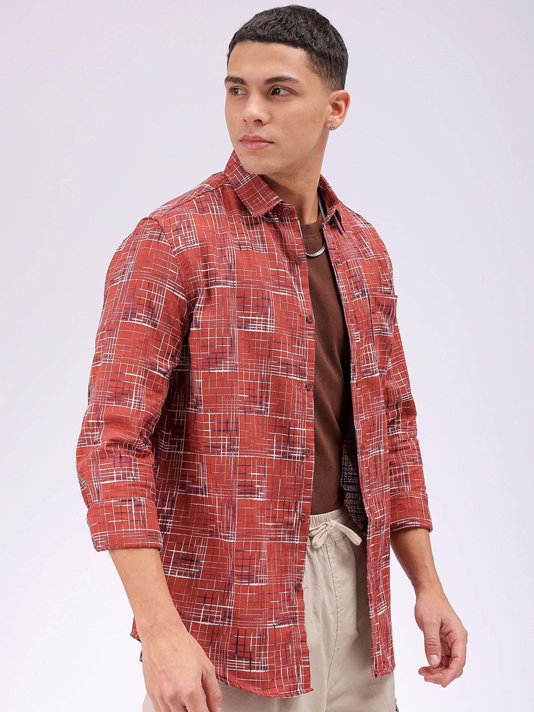 The Indian Garage Co Men Cutaway Collar Checked Cotton Slim Fit Casual Shirt