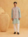 SOJANYA Motif Etnik Bercetak Kurta Lurus Kolar Mandarin Dengan Piyama Dan Jaket Nehru
