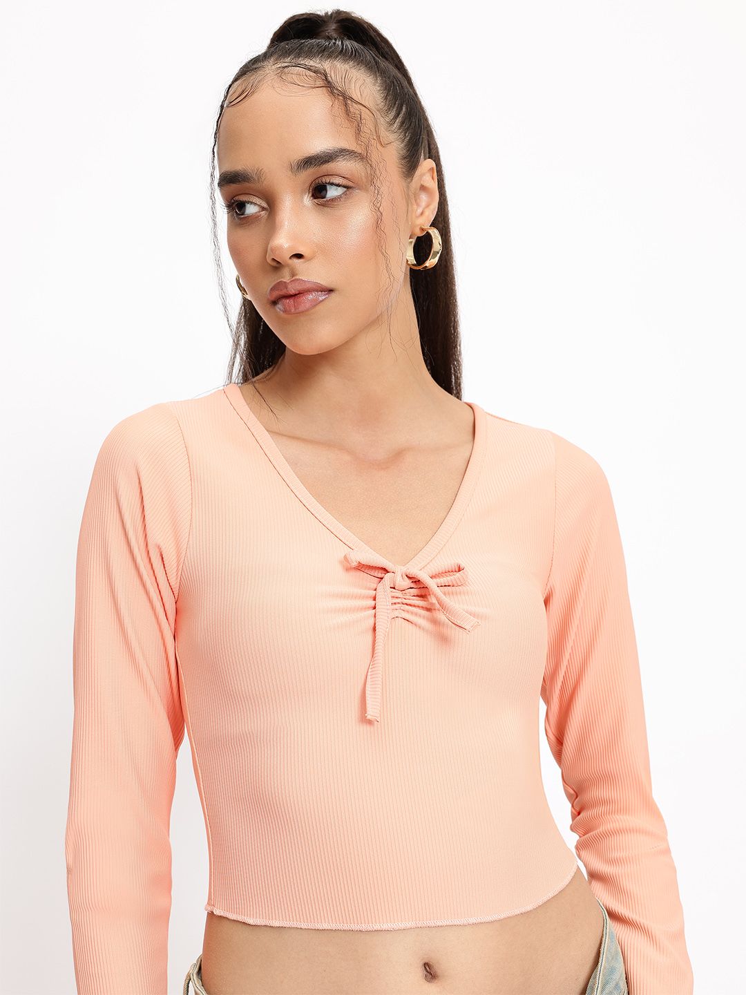 DressBerry Peach Fuzz Texture Twist Fitted Top