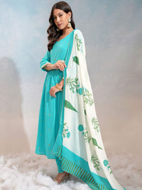 Vishudh Blue Floral Embroidered Sweetheart Neck Pure Cotton Kurta With Trousers & Dupatta
