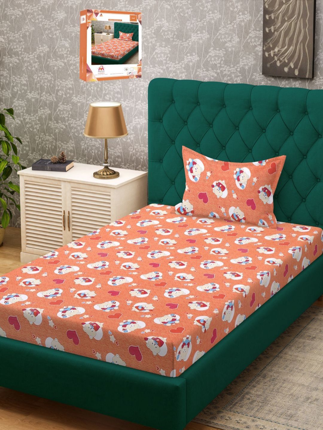 Myntra Elegant Homes Orange Conversational Pure Cotton 400 TC Single Cadar Superfine dengan Sarung Bantal-87 x 93 inci
