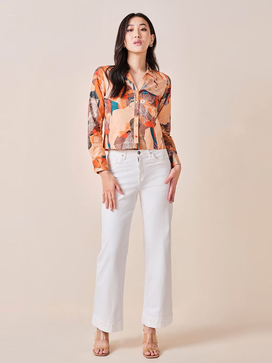 AND Abstract Printed Cuffed Sleeves Cotton Shirt Style Top