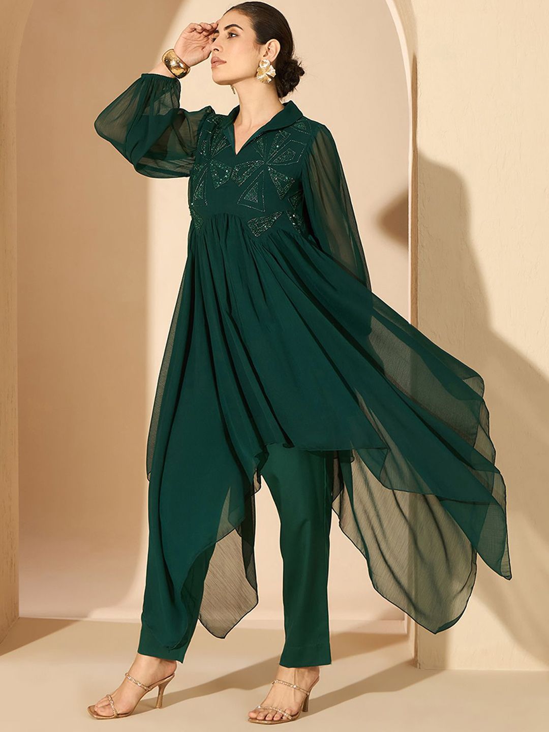 Antheaa Green Embellished Shirt Collar Tunic & Trousers