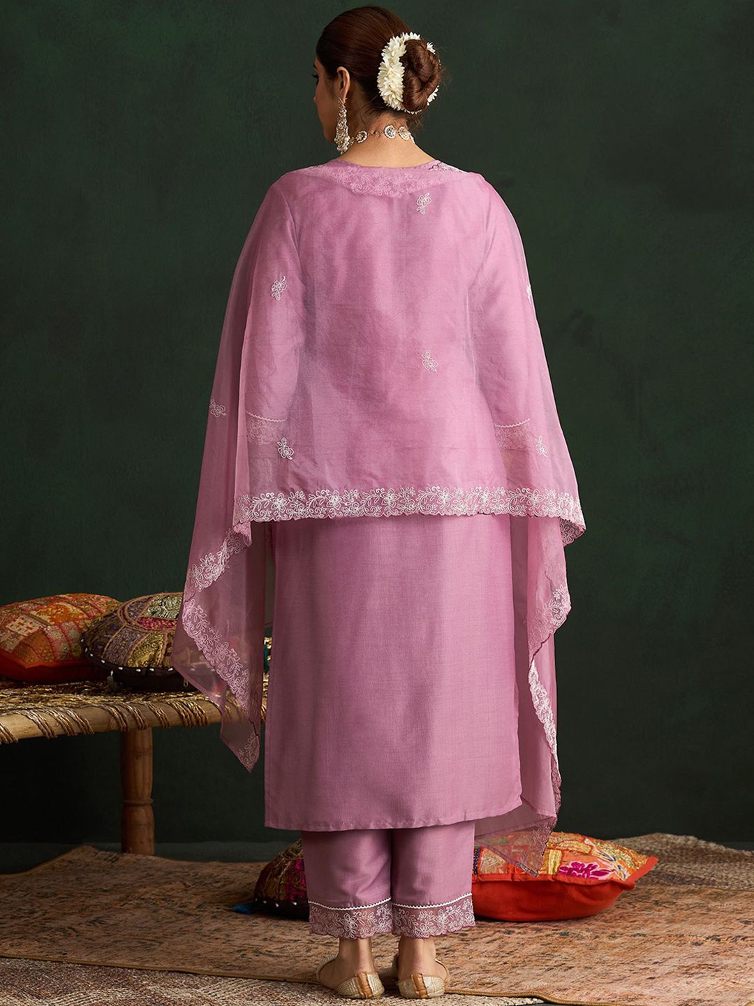 Indo Era Women Floral Yoke Design Regular Thread Work Kurta with Trousers & With Dupatta