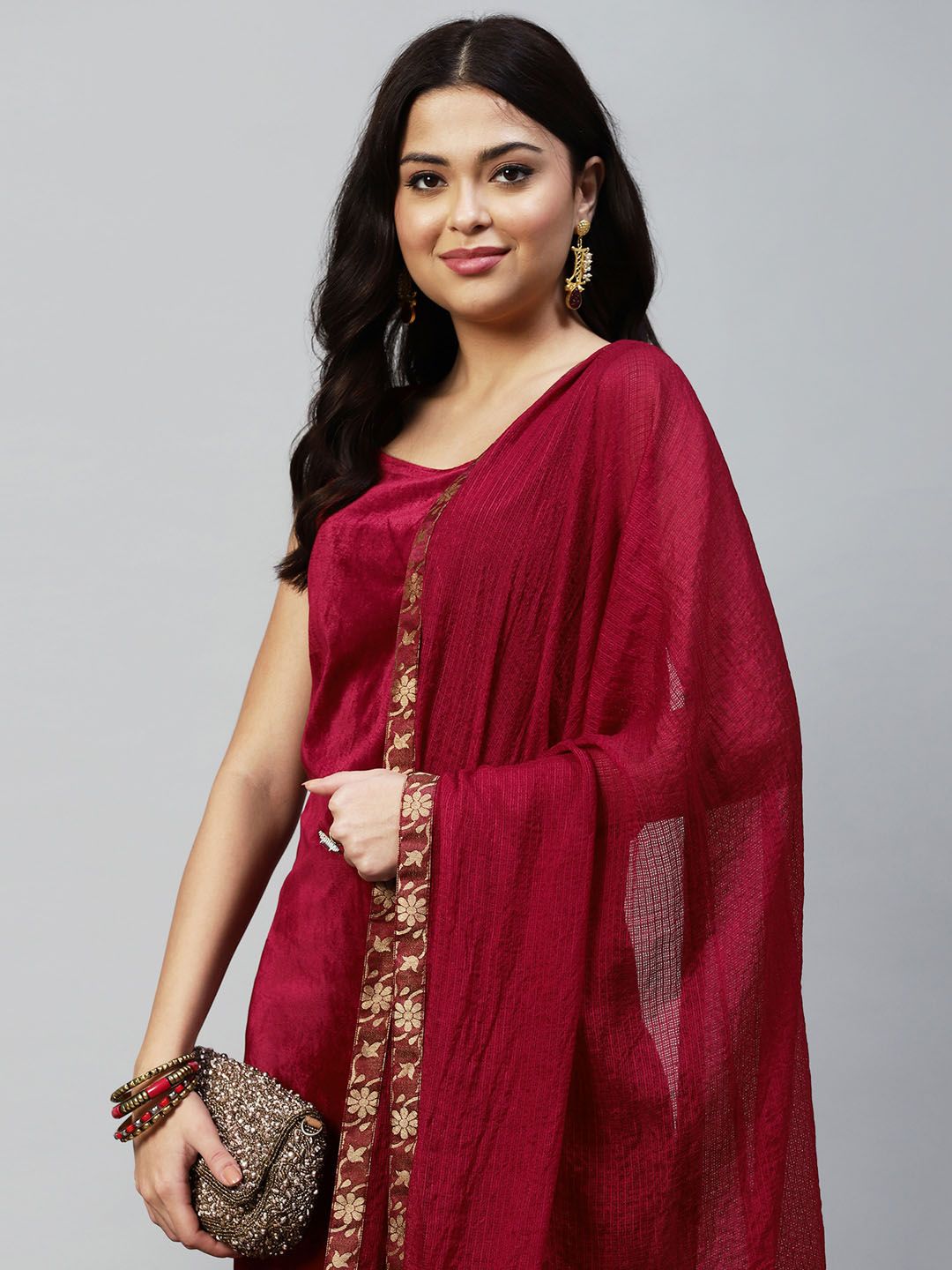 KALINI Ethnic Motifs Embroidered Velvet Straight Kurta With Trousers & Dupatta