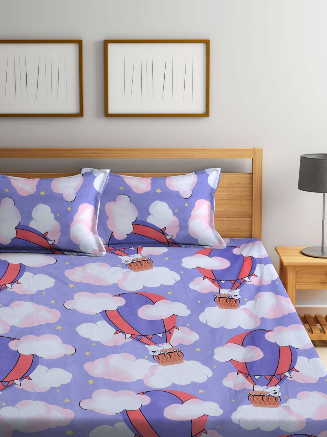 KLOTTHE Violet Conversational Cotton 300 TC King Fine Bedsheet dengan 2 Sarung Bantal-98 x 89 inci