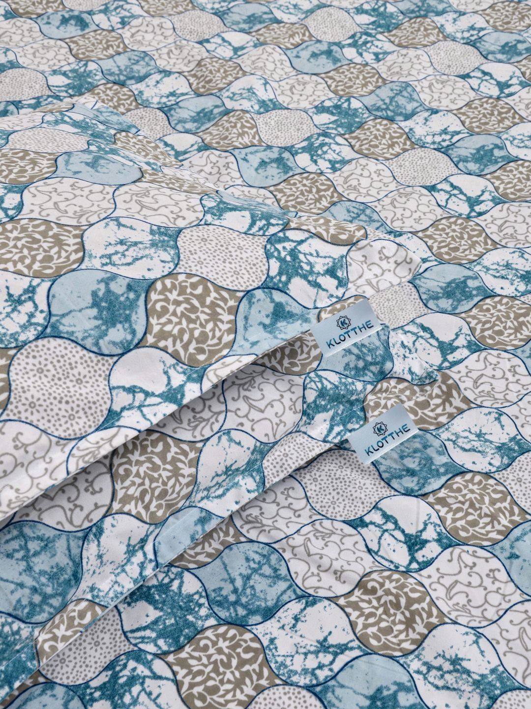 KLOTTHE Biru Kapas Bunga 300 TC Cadar King Halus dengan 2 Sarung Bantal-98 x 89 inci