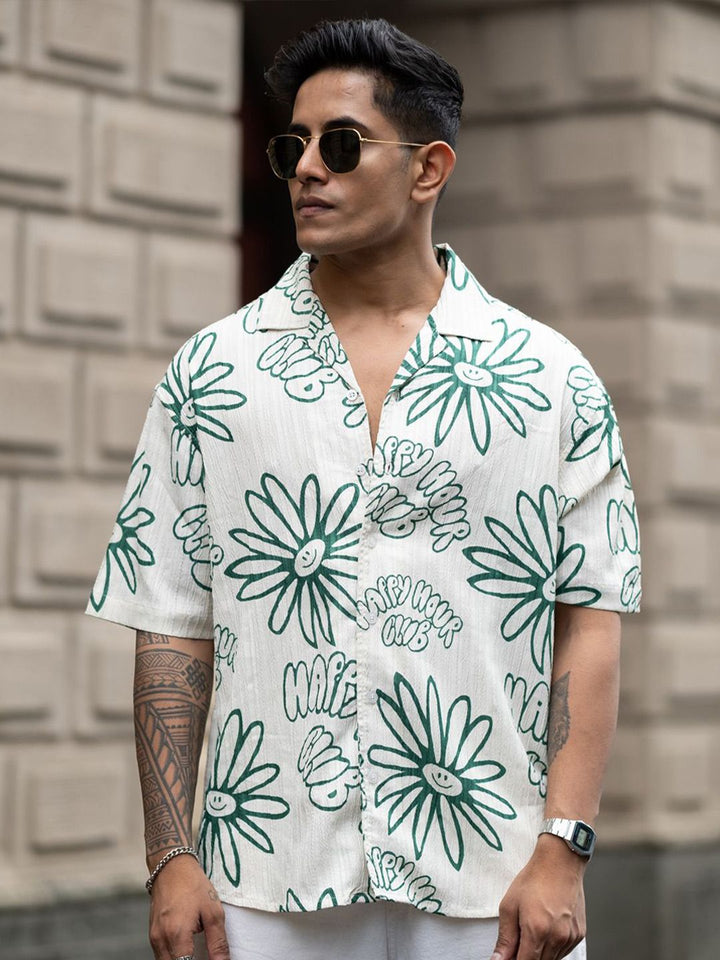 Powerlook Men Cuban Collar Floral Printed Oversized Casual Shirt