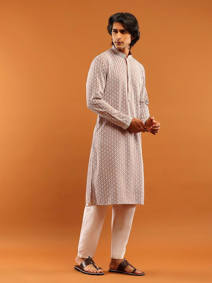 House of Chikankari Men Dusty Pink Rayon Embroidered Kurta