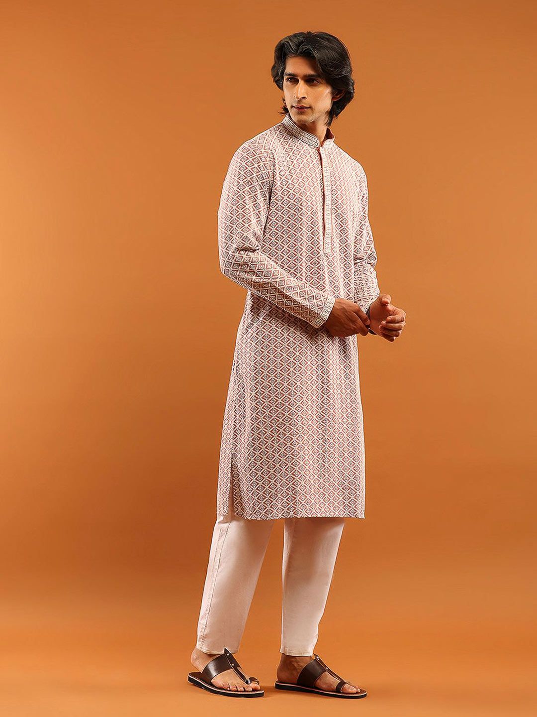House of Chikankari Men Dusty Pink Rayon Embroidered Kurta