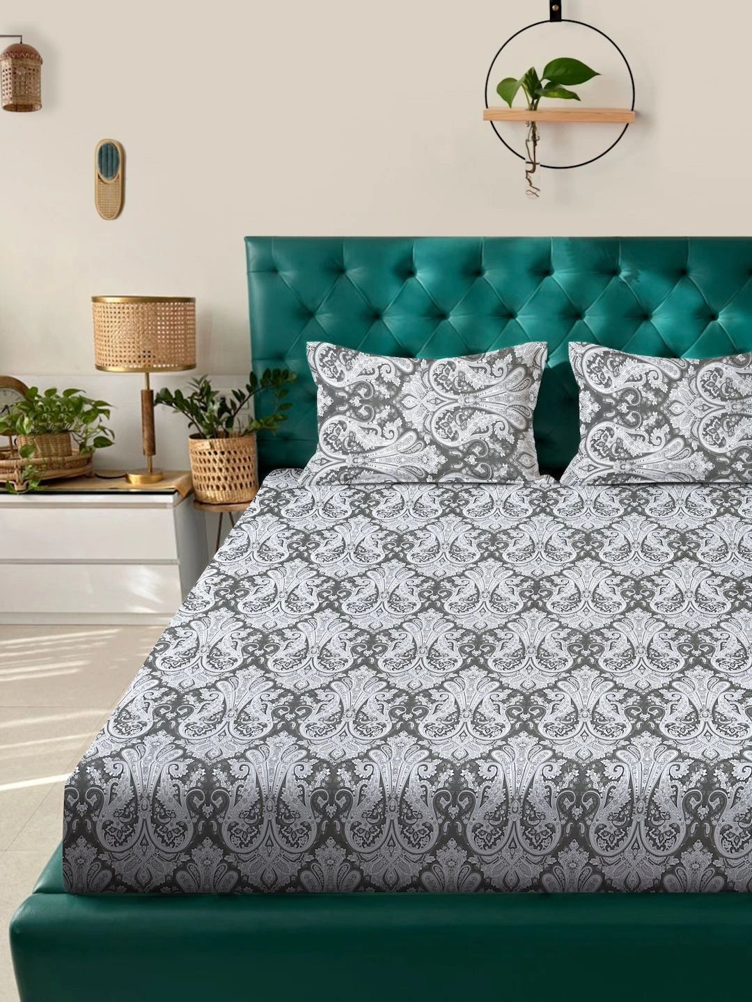 Myntra Elegant Homes Olive Green & Grey Floral 400 TC Bedsheet with 2 Pillow Covers