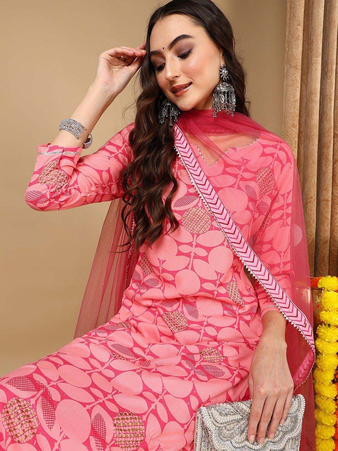 KALINI Floral Printed Notch Neck Straight Kurta With Trousers & Dupatta
