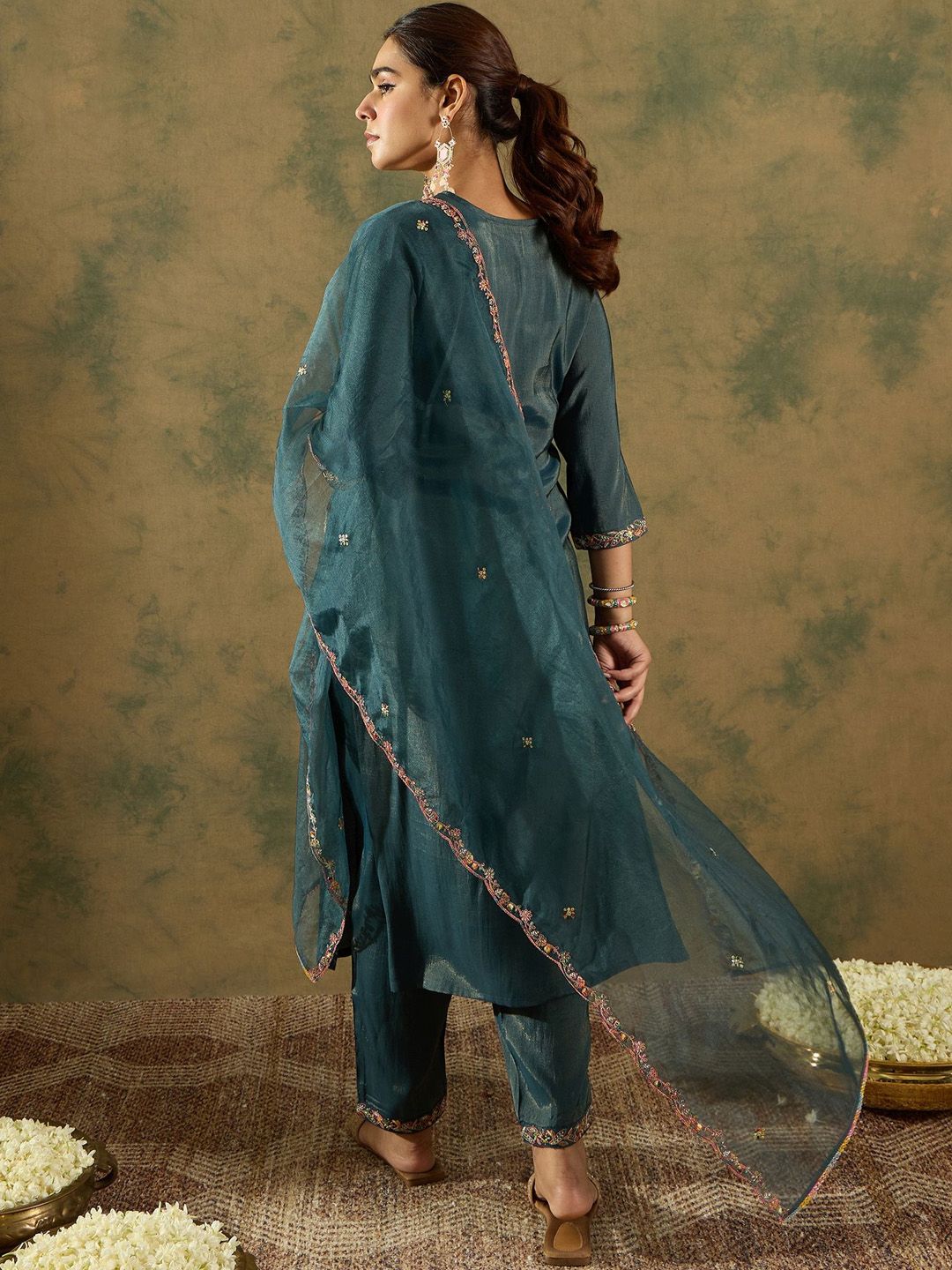 Indo Era Ethnic Motifs Embroidered Liva Kurta With Trousers & Dupatta