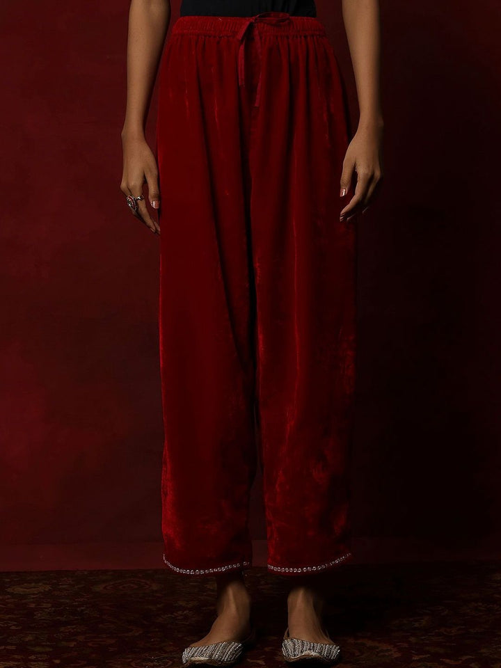 House of Chikankari Women Red Velvet Tilla Embroidered Kurta Set