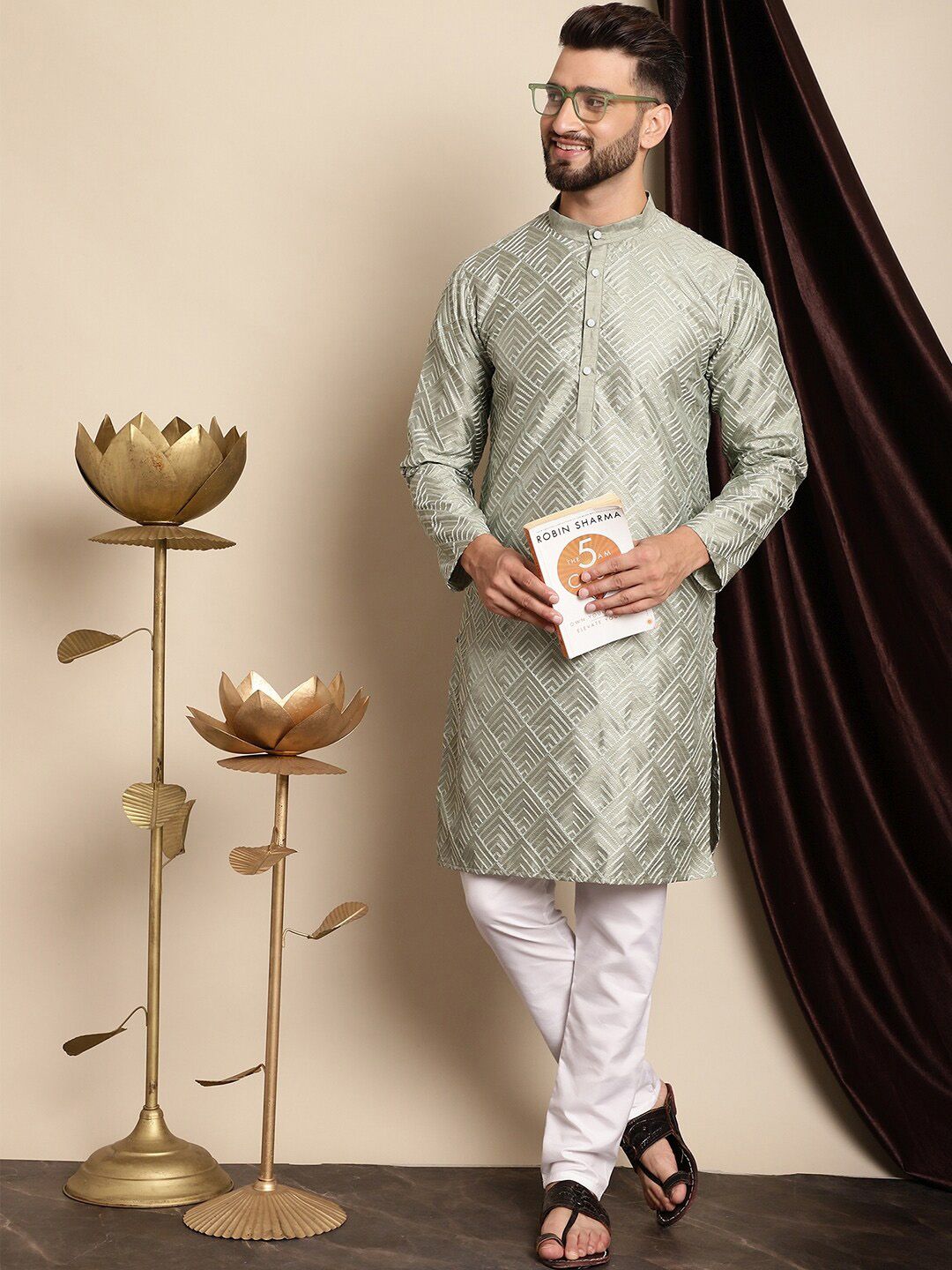 Anouk Embroidered Band Collar Regular Kurta with Churidar