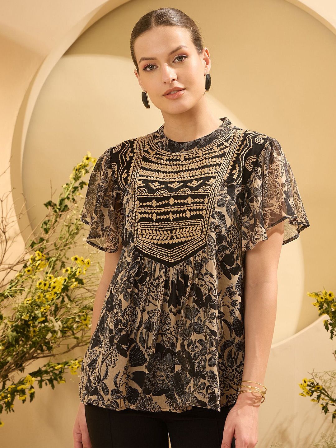 Antheaa Floral Emboridered Kimono Sleeve Top