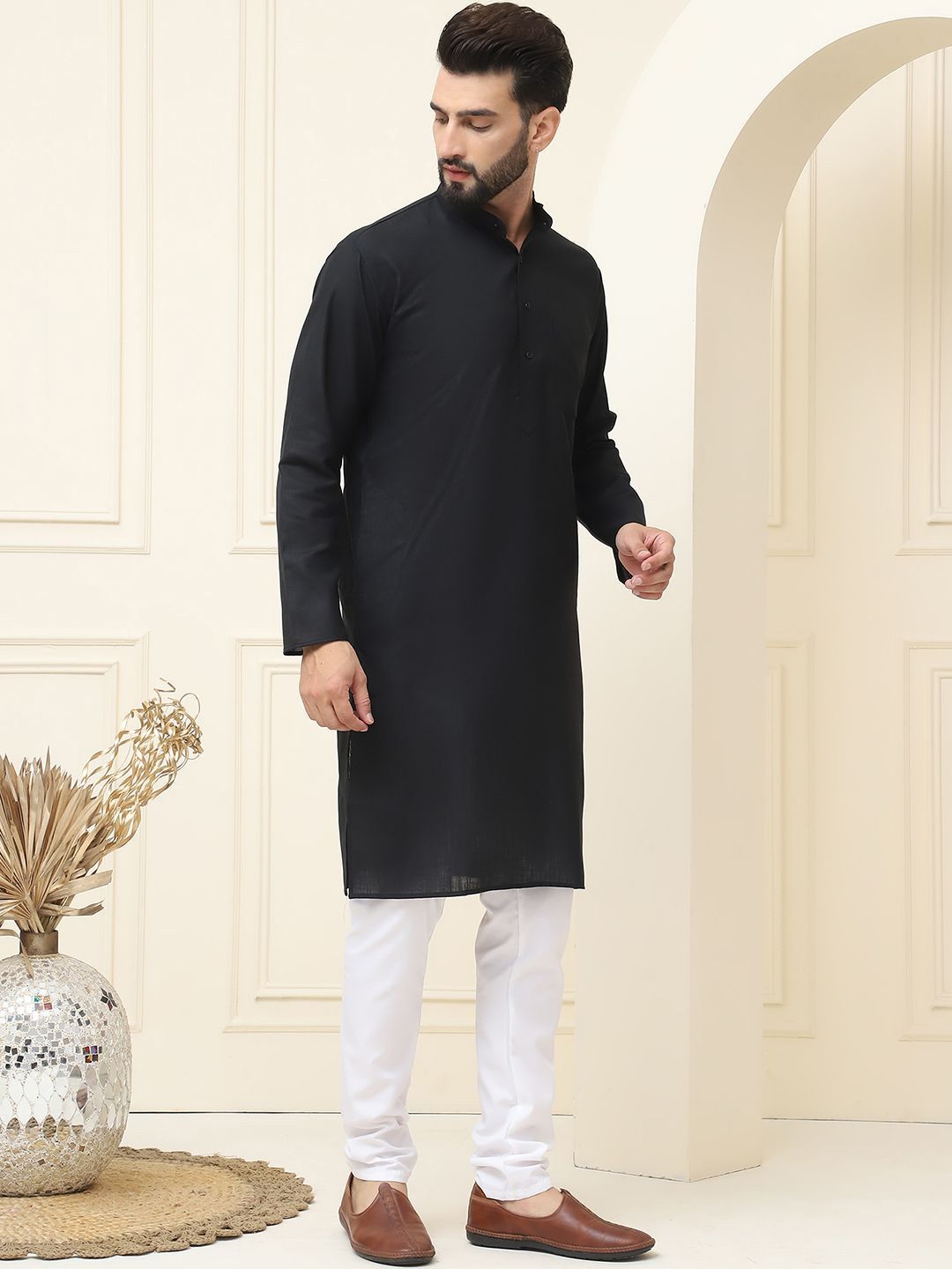 SOJANYA Kurta Linen Kapas Biasa Kolar Mandarin Dengan Pijama