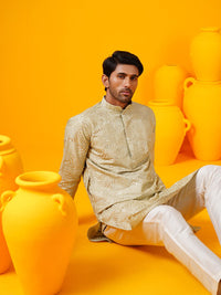 SOJANYA LUXE Bersulam Geometrik Kolar Mandarin Cotton Silk Kurta Lurus Dengan Seluar