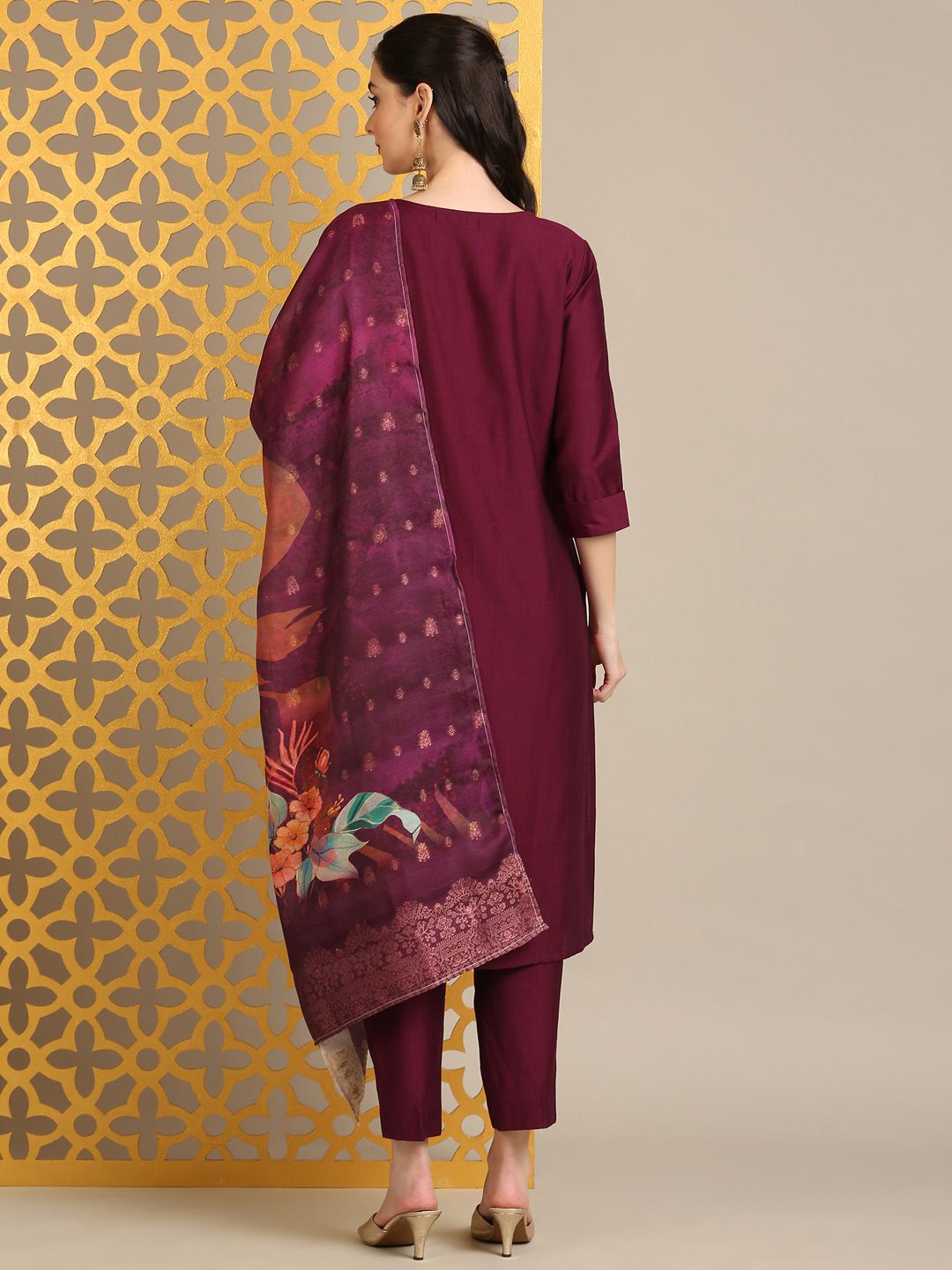 Anouk Maroon Floral Yoke Design Thread Work Straight Kurta With Trouser & Dupatta