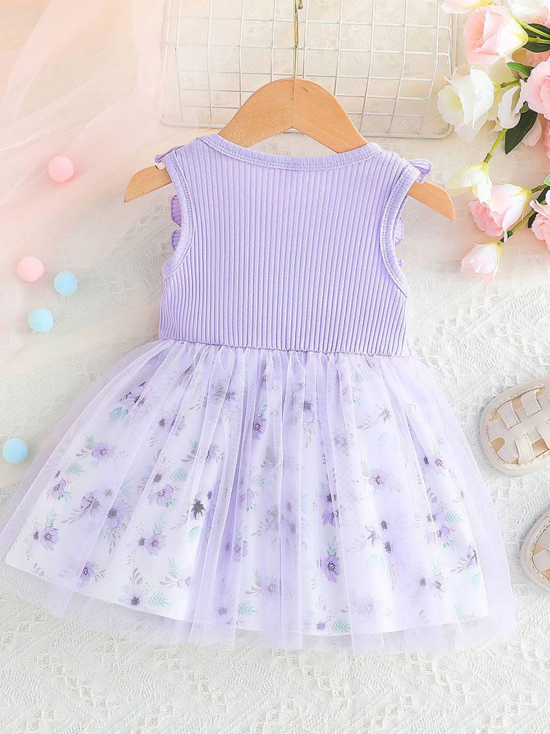 YK Girls Floral Printed Bow Fit And Flare Knee Length Dress