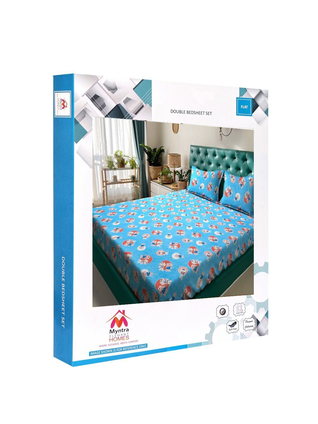 Myntra Elegant Homes Blue Cartoon Print Cotton 400TC King Double Bedsheet & 2 Pillow Cover