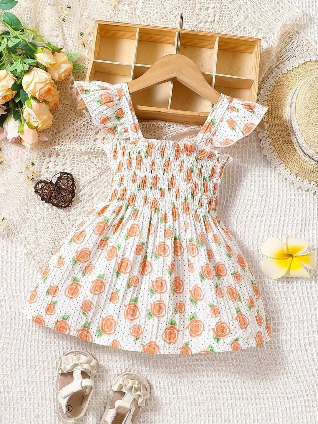 YK Floral Print Flutter Sleeve Fit & Flare Dress