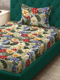 Myntra Elegant Green Floral Printed Fitted 300 TC Single 7D Bedsheet & 1 Pillow Cover