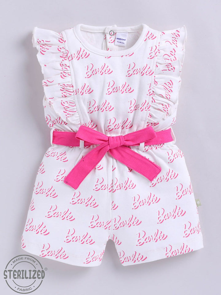 Moms Love Infant Girls Barbie Printed Pure Cotton Ruffled Basic Jumpsuit