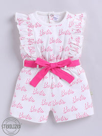 Moms Love Infant Girls Barbie Printed Pure Cotton Ruffled Basic Jumpsuit
