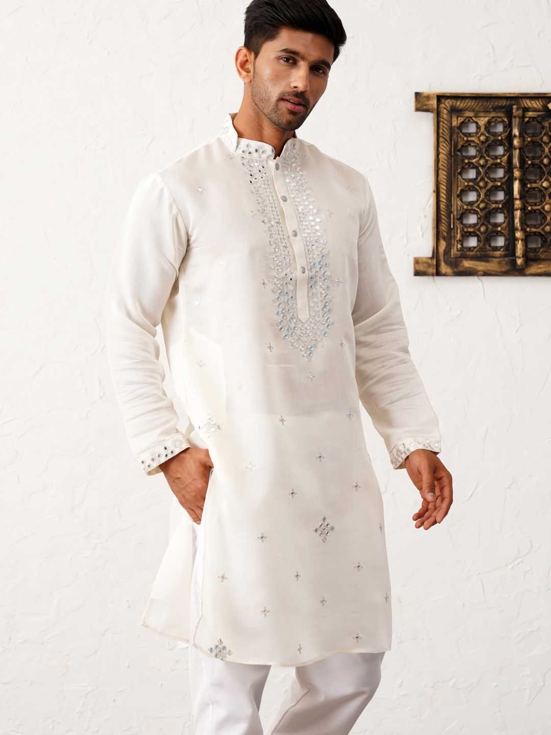 Jompers Embroidered Mandarin Collar Mirror Work Straight Kurta with Pyjamas