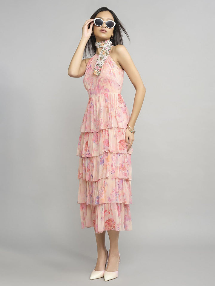 AND Floral Printed Halter Neck Layered Fit & Flare Midi Dress