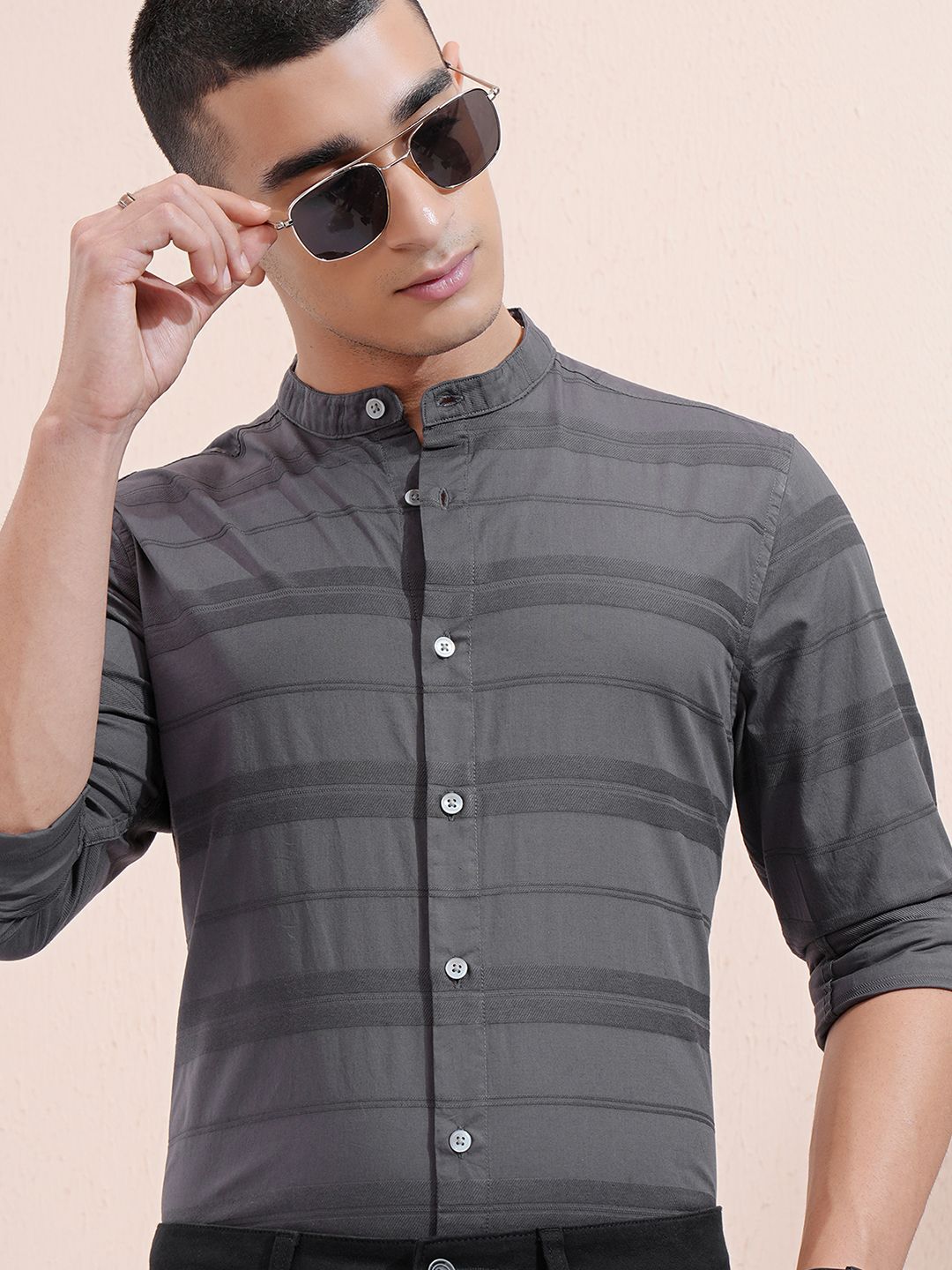 Highlander Men Charcoal Dobby Textured Striped Mandarin Collar Casual Shirt