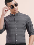 Highlander Men Charcoal Dobby Textured Striped Mandarin Collar Casual Shirt