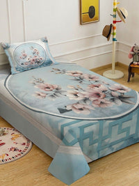 Myntra Elegant Blue & Pink Floral 400 TC Single 7D Bedsheet with 1 Pillow Cover