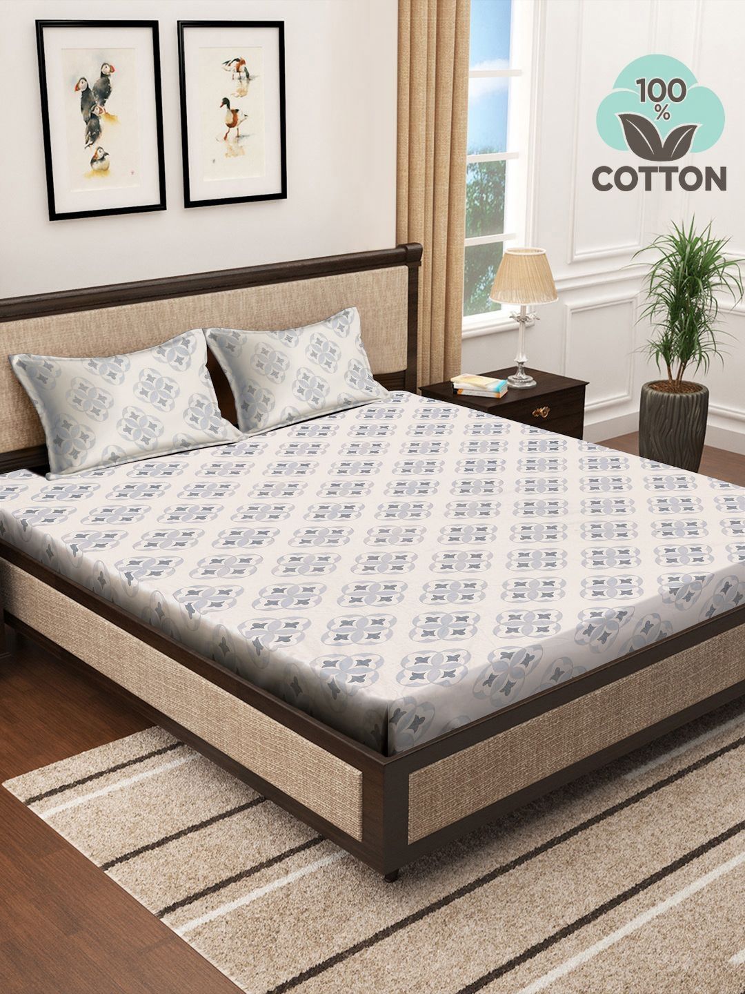 Myntra Elegant Homes White & Grey Geometric Printed Flat 400 TC Cotton King Bedsheet With 2 Pillow Cover