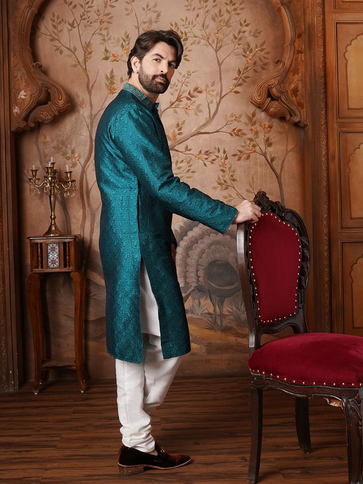 SOJANYA Lelaki Teal Green Sulam Kurta Lurus