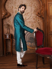 SOJANYA Lelaki Teal Green Sulam Kurta Lurus