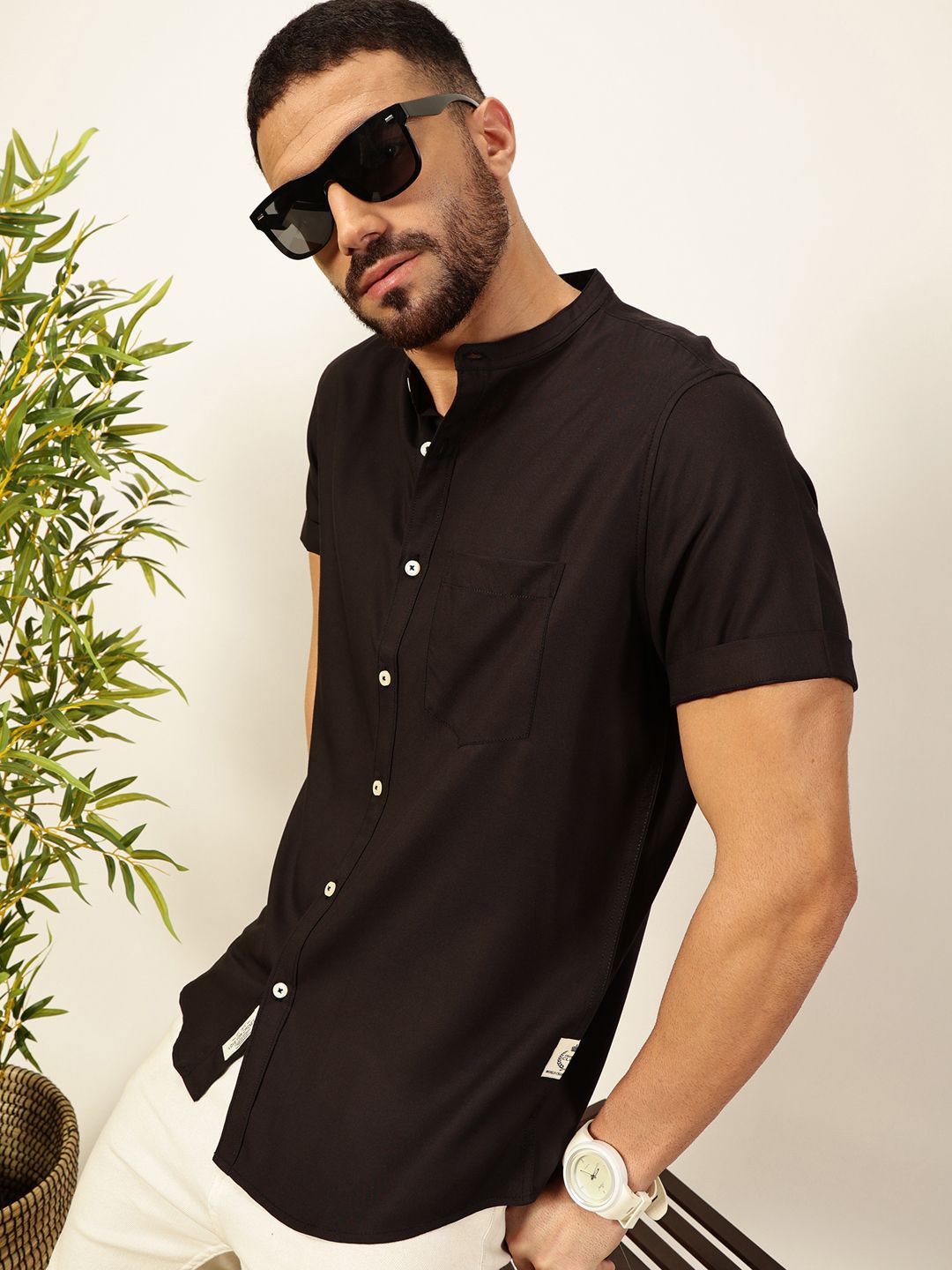 Thomas Scott Men Premium Solid Mandarin Collar Casual Shirt