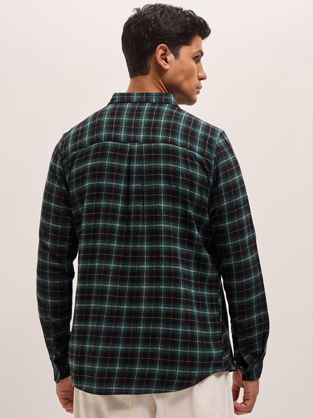 THE BEAR HOUSE Men Button-Down Collar Tartan Checked Cotton Slim Fit Casual Shirt