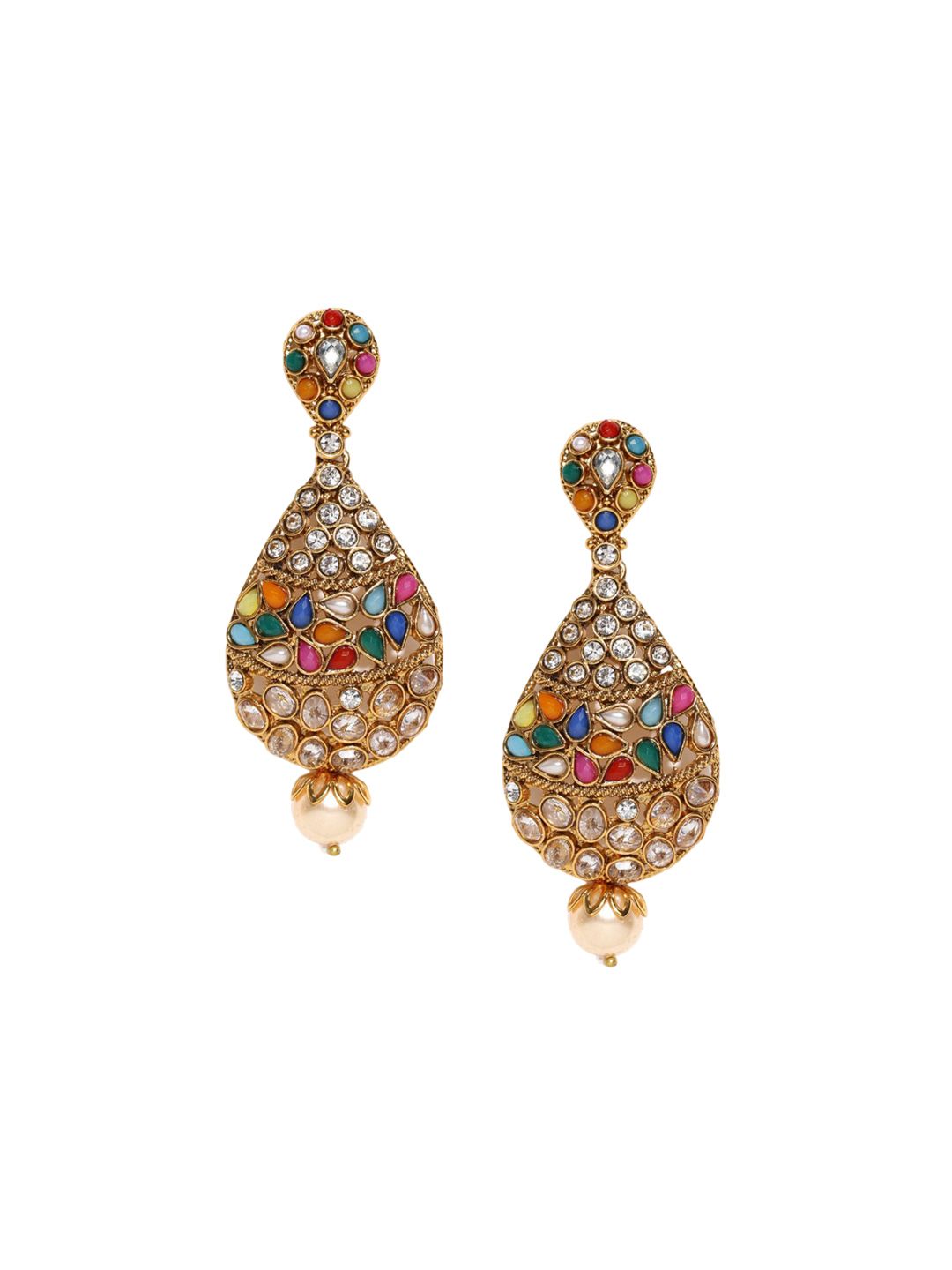 Anouk Pink Gold-Plated Stone Studded & Beaded Teardrop Shaped Drop Earrings