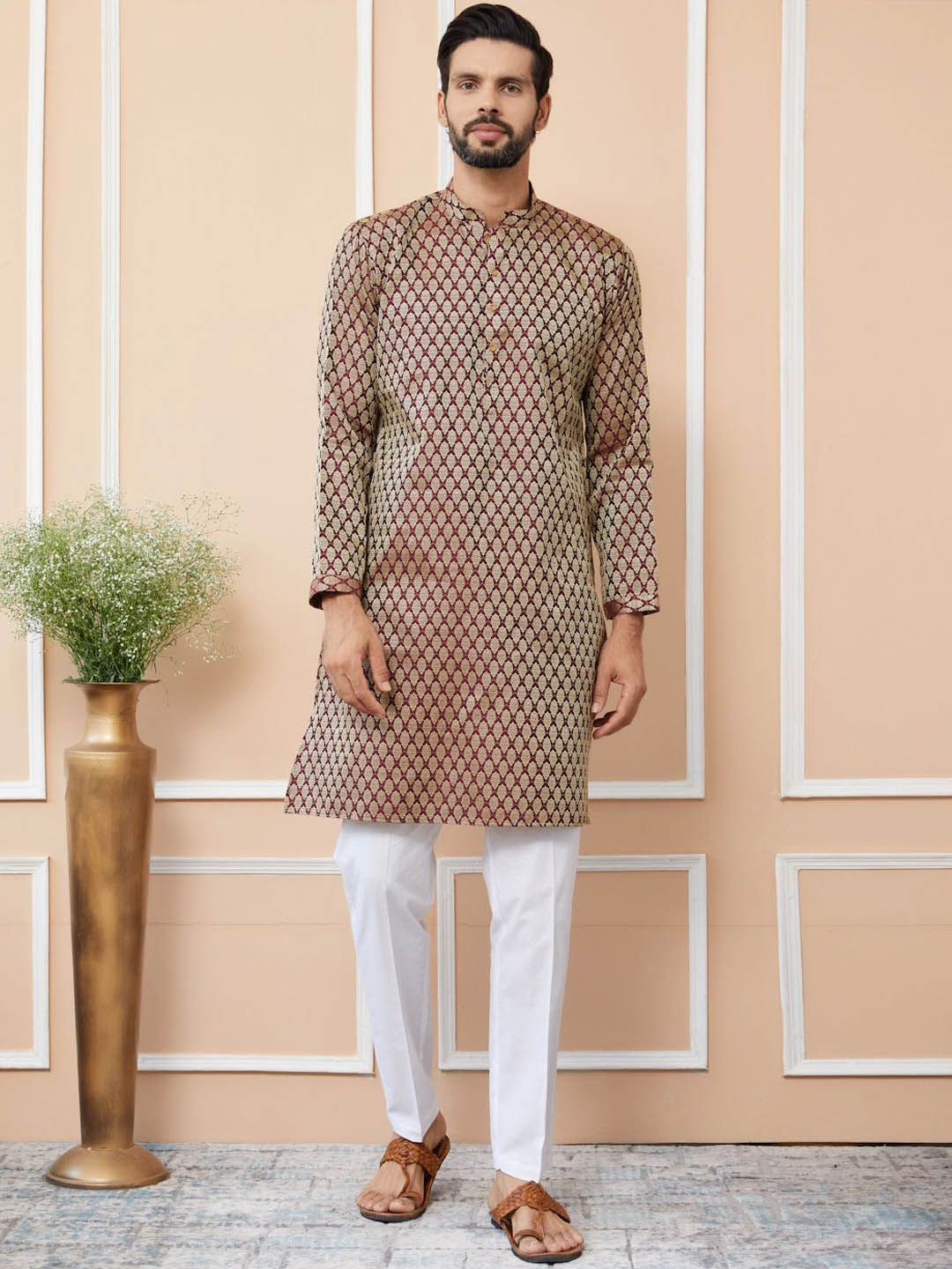 See Designs Ethnic Motifs Woven Design Mandarin Collar Straight Kurta With Pyjamas